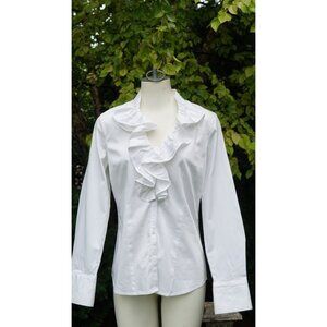 Women's White Solid Blouse Top Casual Ruffle Neck Flared Sleeve Size S
